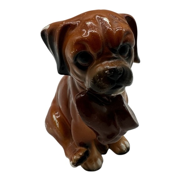 Other - Vintage Boxer Dog Figurine Brown Puppy Statue Sitting Holding Shoe Brown Ceramic